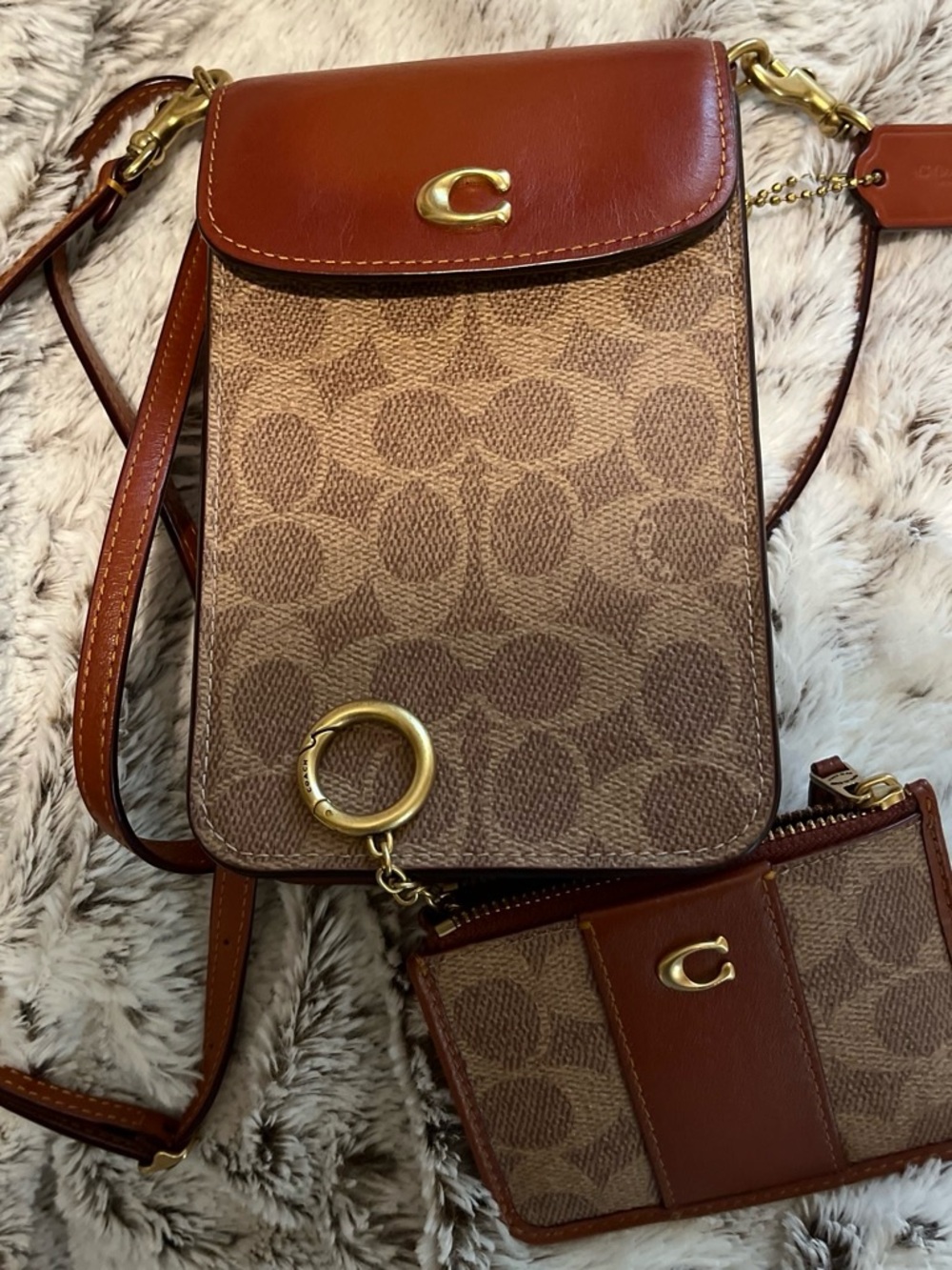 Coach Brown Signature Canvas Crossbody Phone Pouch with Card Case Set